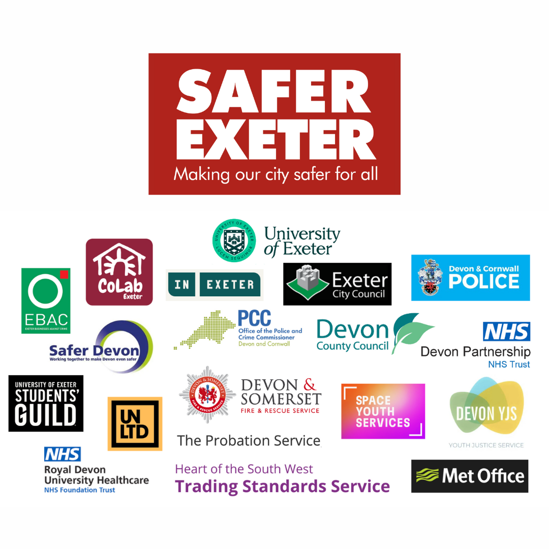 All Safer Exeter partner logos arranged beneath the Safer Exeter logo
